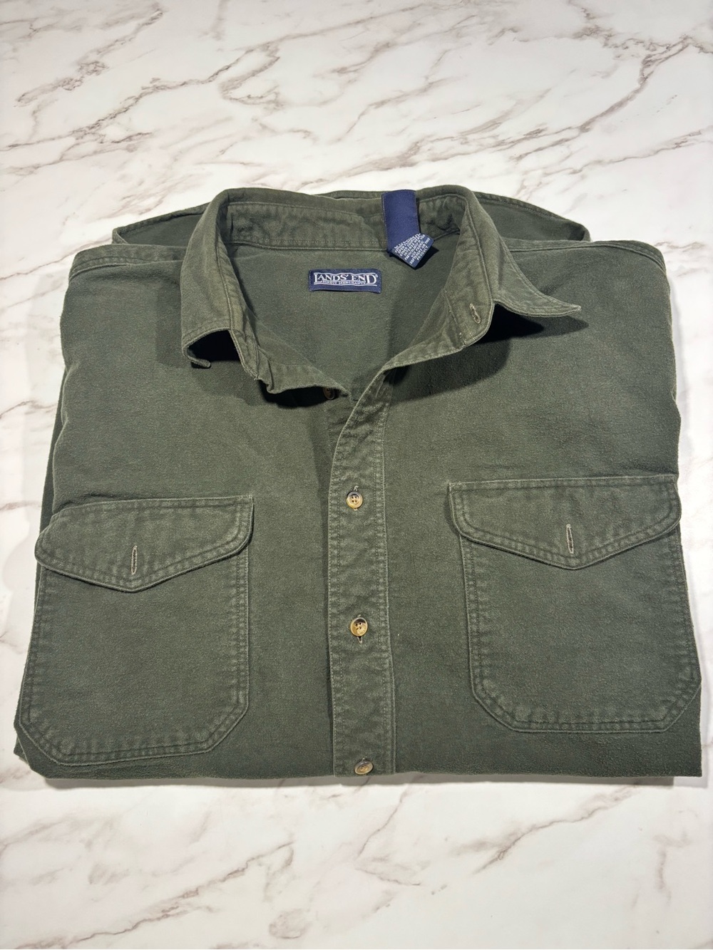 Lands' End Men's Olive Green Cotton Button-Down Work Shirt